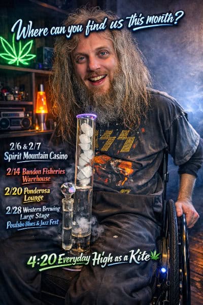 Poster showing Johnny and the show dates for February 2026: 2/6&7 Spirit Mountain Casino 2/14 Bandon, OR Fisheries Warehouse 2/20 Poulsbo Blues & Jazz Fest (large stage)