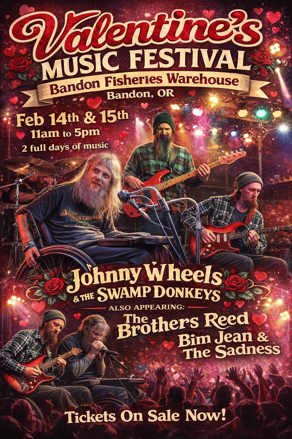 Show Poster for Johnny Wheels & The Swamp Donkeys at the Valentines Music Festival at the Bandon Fisheries Warehouse. February 14th and 15th. Saturday music starts at 6pm, Johnny & The Donkeys play at 8pm. Sunday music is from 11am to 5pm, Johnny and The Donkeys play at