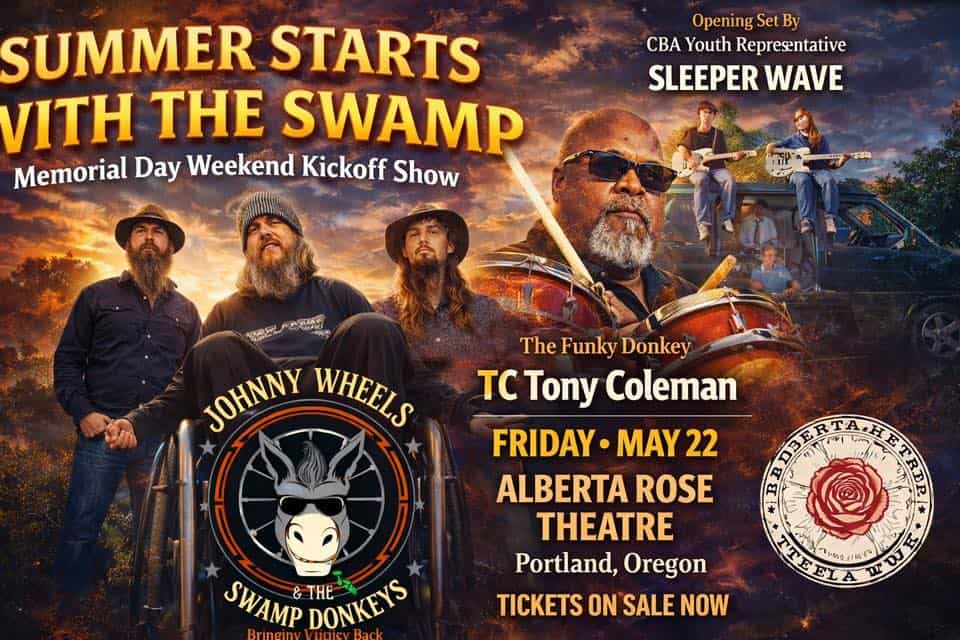 Show poster for Alberta Rose Theatre, May 22nd, 2026. Johnny Wheels & The Swamp Donkeys with special guest Tony Coleman on drums.